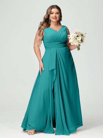 A-Line/Princess V-Neck Sleeveless Chiffon Ruffles Plus Size Bridesmaid Dresses with Pockets