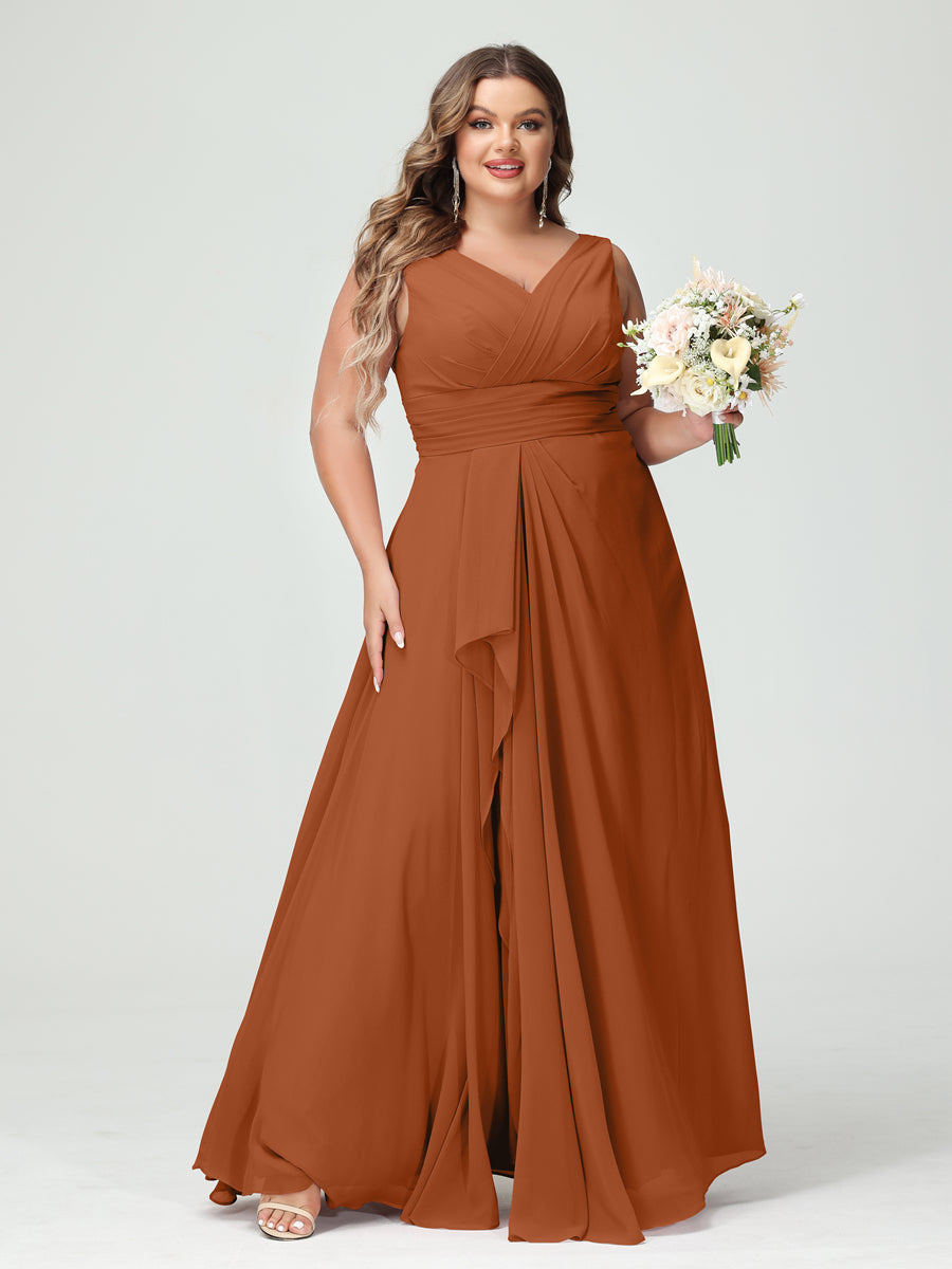 A-Line/Princess V-Neck Sleeveless Chiffon Ruffles Plus Size Bridesmaid Dresses with Pockets