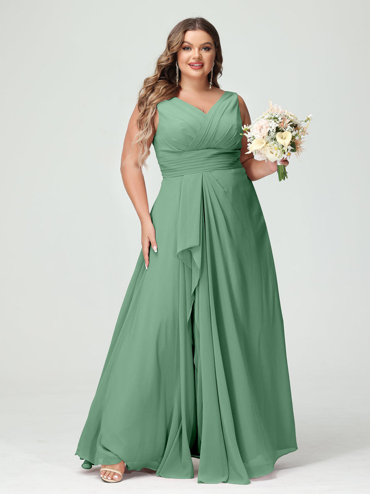 A-Line/Princess Capped V-Neck Sleeveless Chiffon With Pleats Floor-Length Bridesmaid Dresses main image 1
