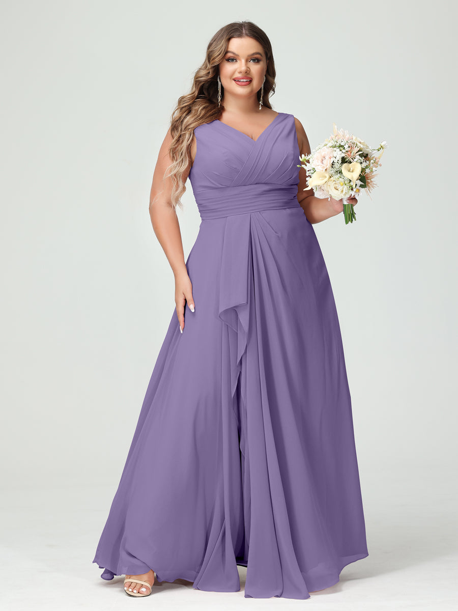 A-Line/Princess V-Neck Sleeveless Chiffon Ruffles Plus Size Bridesmaid Dresses with Pockets