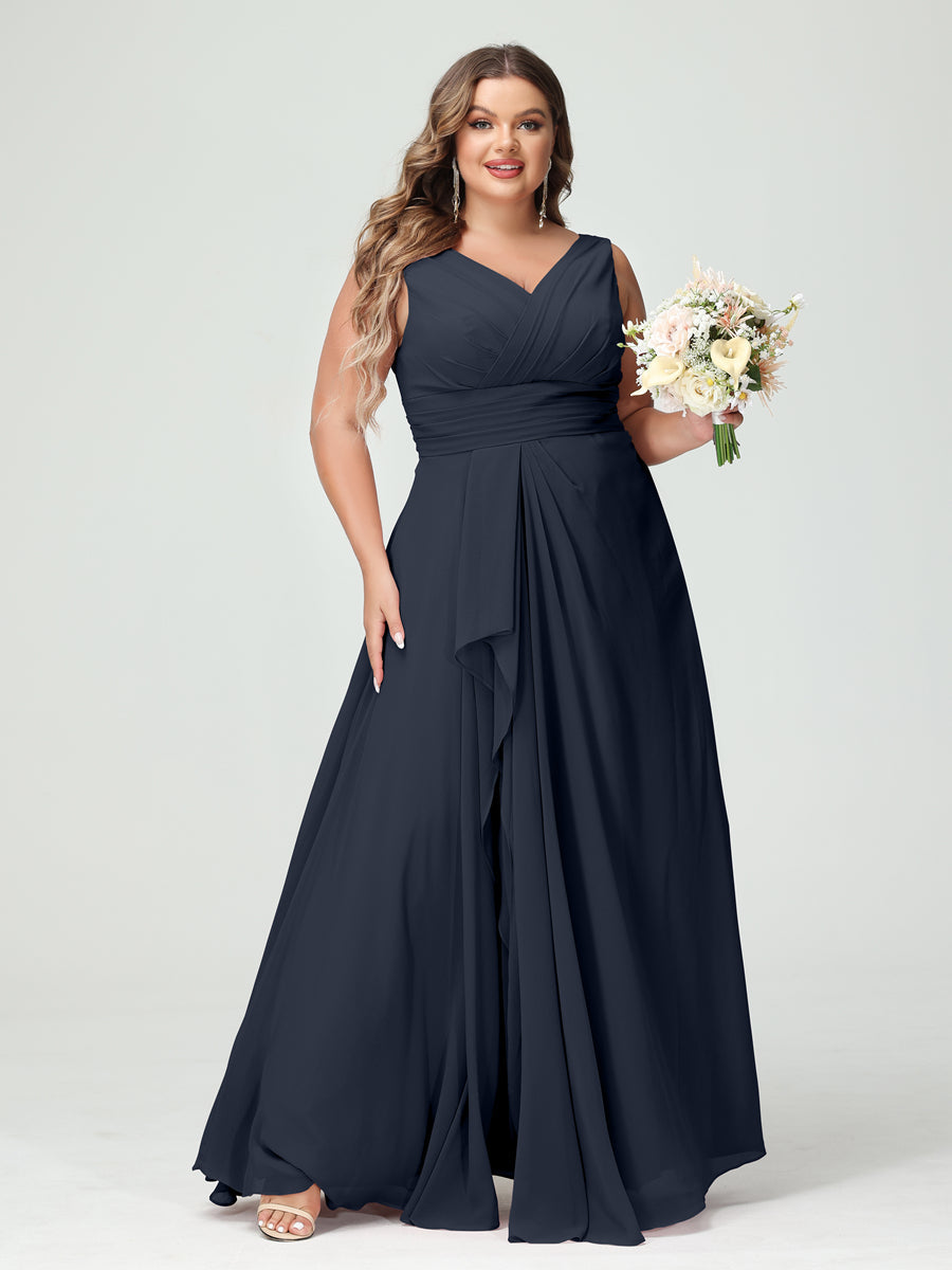 A-Line/Princess V-Neck Sleeveless Chiffon Ruffles Plus Size Bridesmaid Dresses with Pockets