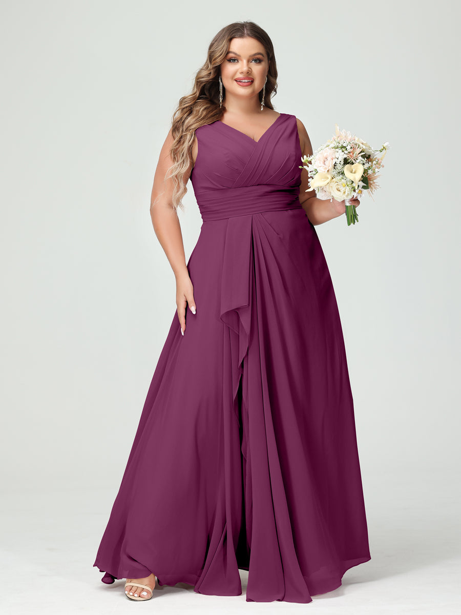 A-Line/Princess V-Neck Sleeveless Chiffon Ruffles Plus Size Bridesmaid Dresses with Pockets