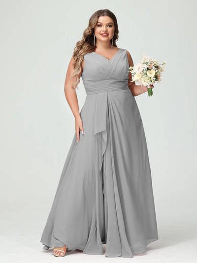 A-Line/Princess V-Neck Sleeveless Chiffon Ruffles Plus Size Bridesmaid Dresses with Pockets