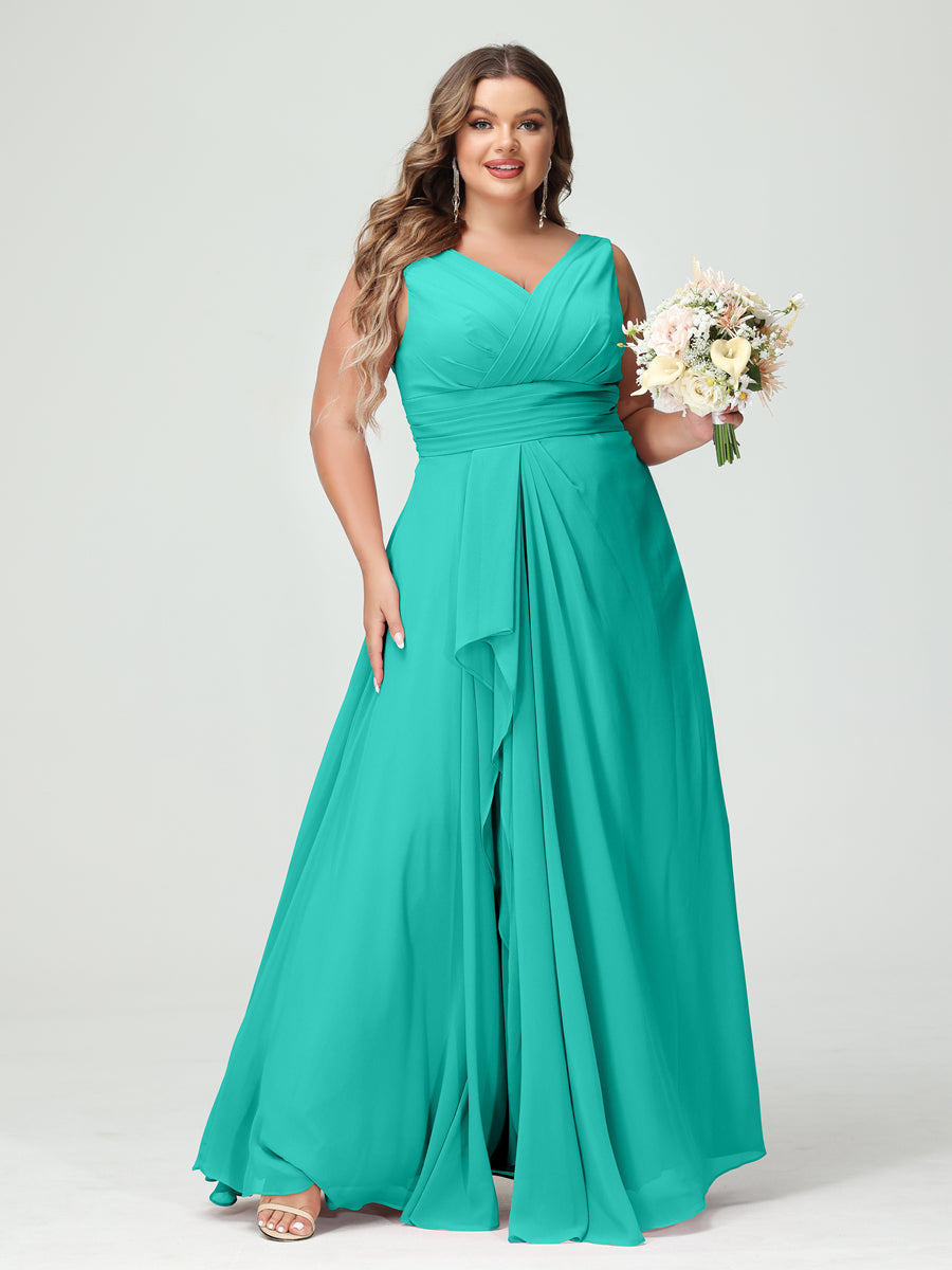 Lavetir Turquoise A-Line/Princess V-Neck Sleeveless Chiffon Ruffles Plus Size Bridesmaid Dresses with Pockets 2026