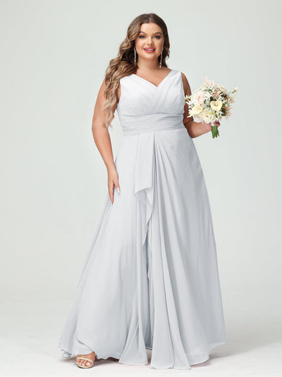 A-Line/Princess V-Neck Sleeveless Chiffon Ruffles Plus Size Bridesmaid Dresses with Pockets