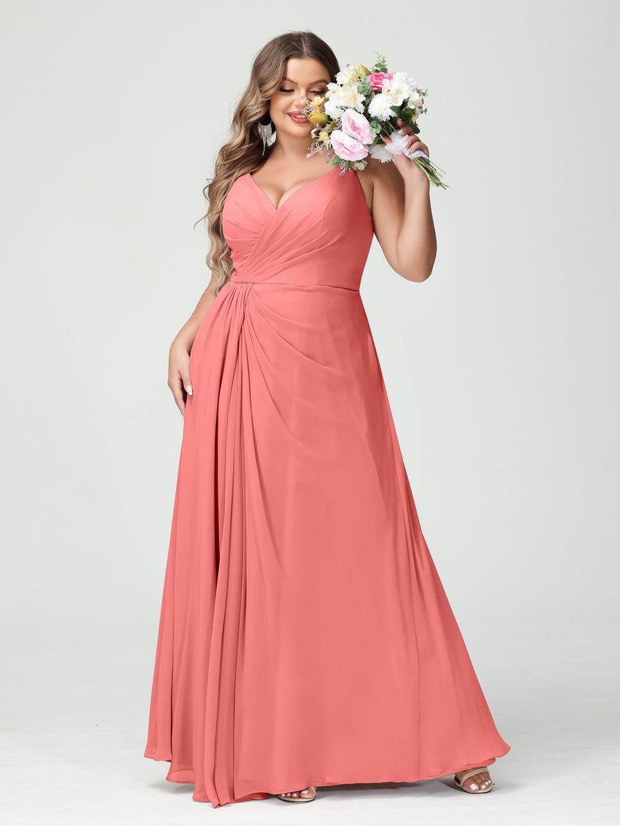 A-Line/Princess Spaghetti Straps Sleeveless Chiffon Split Side Plus Size Bridesmaid Dresses with Pockets