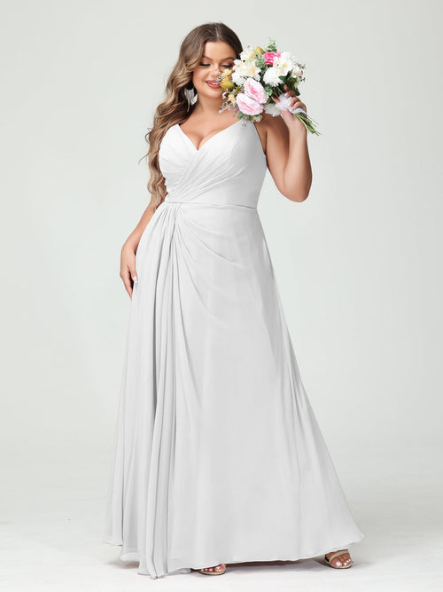 A-Line/Princess Spaghetti Straps Sleeveless Chiffon Split Side Plus Size Bridesmaid Dresses with Pockets