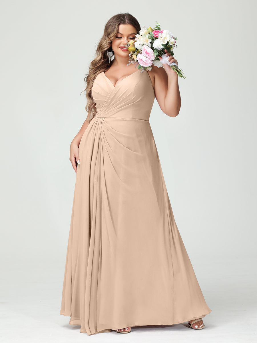 A-Line/Princess Spaghetti Straps Sleeveless Chiffon Split Side Plus Size Bridesmaid Dresses with Pockets