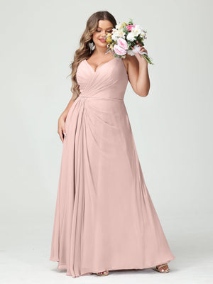 A-Line/Princess Spaghetti Straps Sleeveless Chiffon Split Side Plus Size Bridesmaid Dresses with Pockets