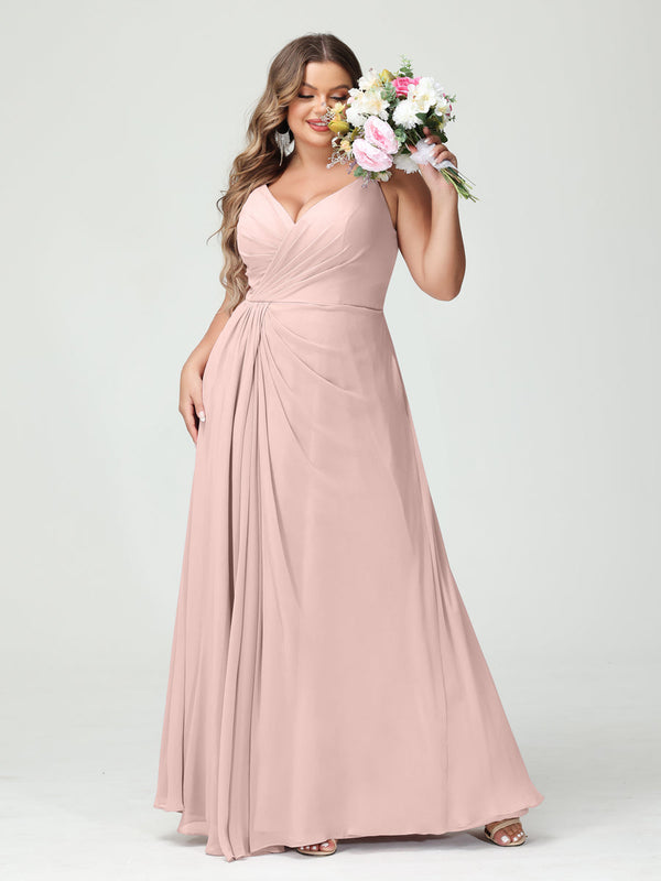 A-Line/Princess Spaghetti Straps Sleeveless Chiffon Split Side Plus Size Bridesmaid Dresses with Pockets