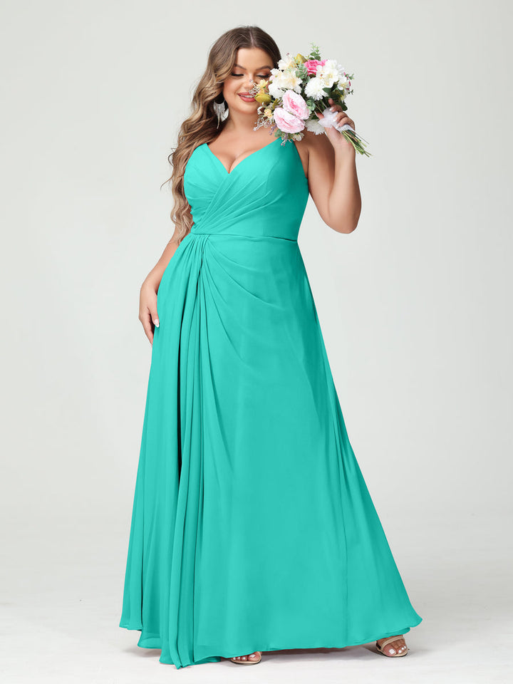 A-Line/Princess Spaghetti Straps Sleeveless Chiffon Split Side Plus Size Bridesmaid Dresses with Pockets
