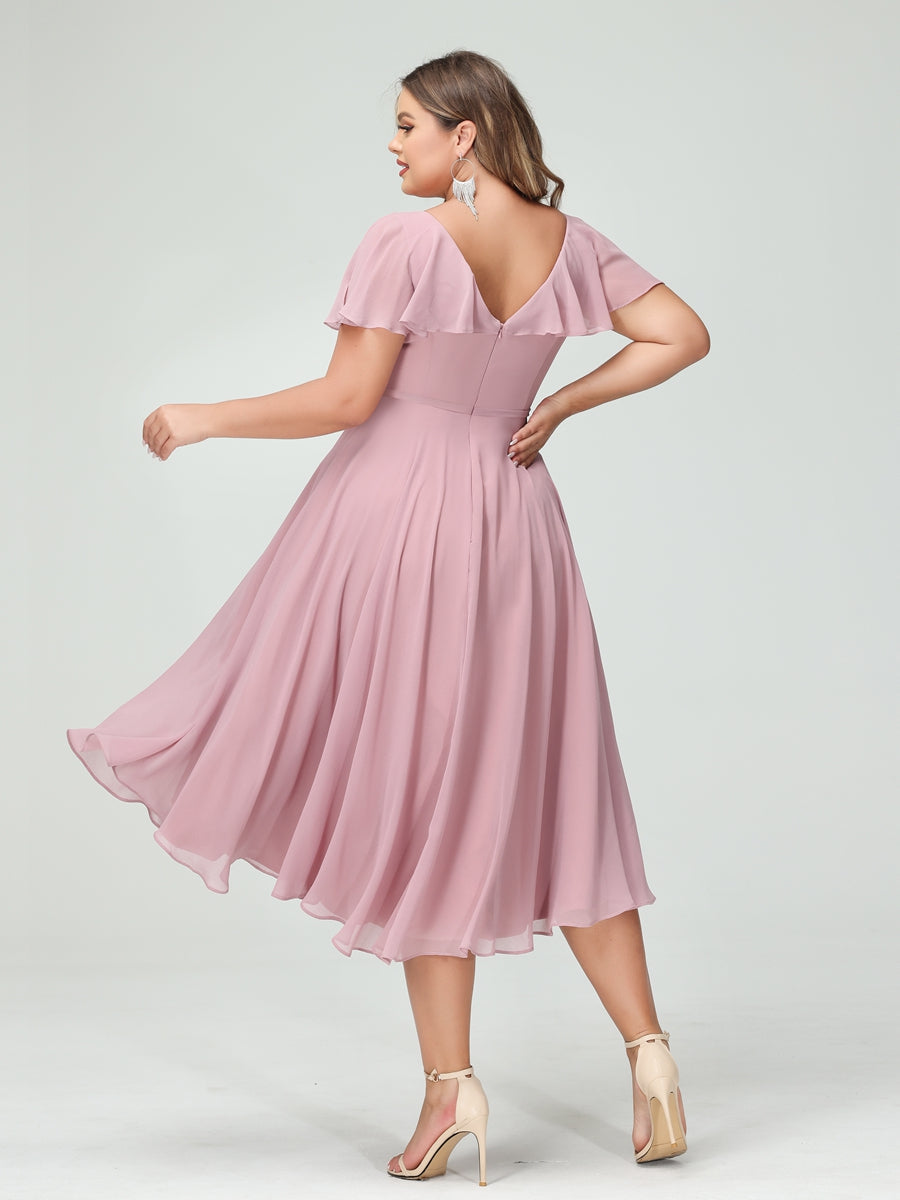 A-Line/Princess V-Neck Short Sleeves Chiffon Ruffles High-Low Plus Size Bridesmaid Dresses with Pockets