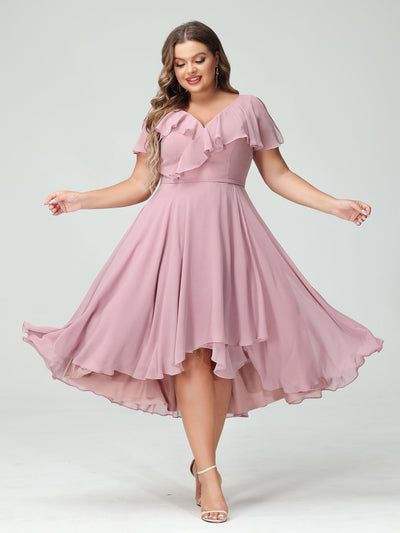 A-Line/Princess V-Neck Short Sleeves Chiffon Ruffles High-Low Plus Size Bridesmaid Dresses with Pockets