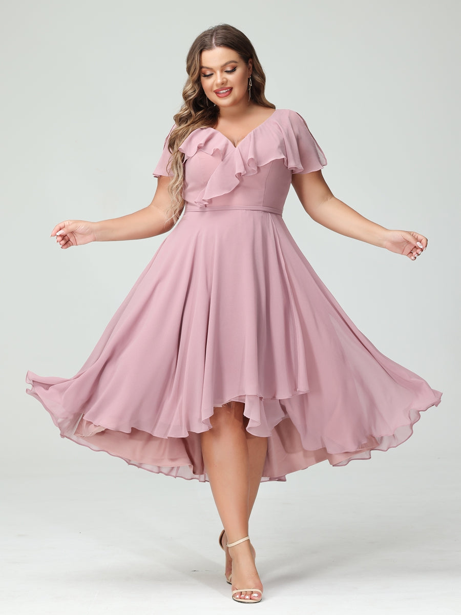 A-Line/Princess V-Neck Short Sleeves Chiffon Ruffles High-Low Plus Size Bridesmaid Dresses with Pockets