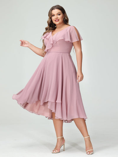 A-Line/Princess V-Neck Short Sleeves Chiffon Ruffles High-Low Plus Size Bridesmaid Dresses with Pockets