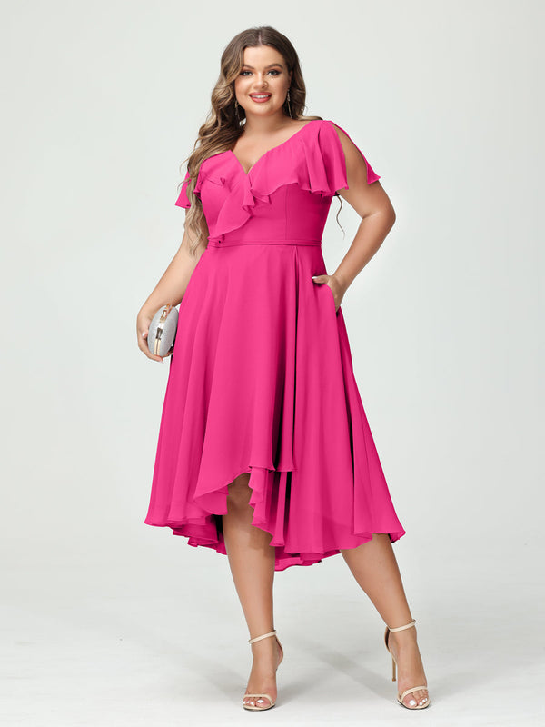 A-Line/Princess V-Neck Short Sleeves Chiffon Ruffles High-Low Plus Size Bridesmaid Dresses with Pockets