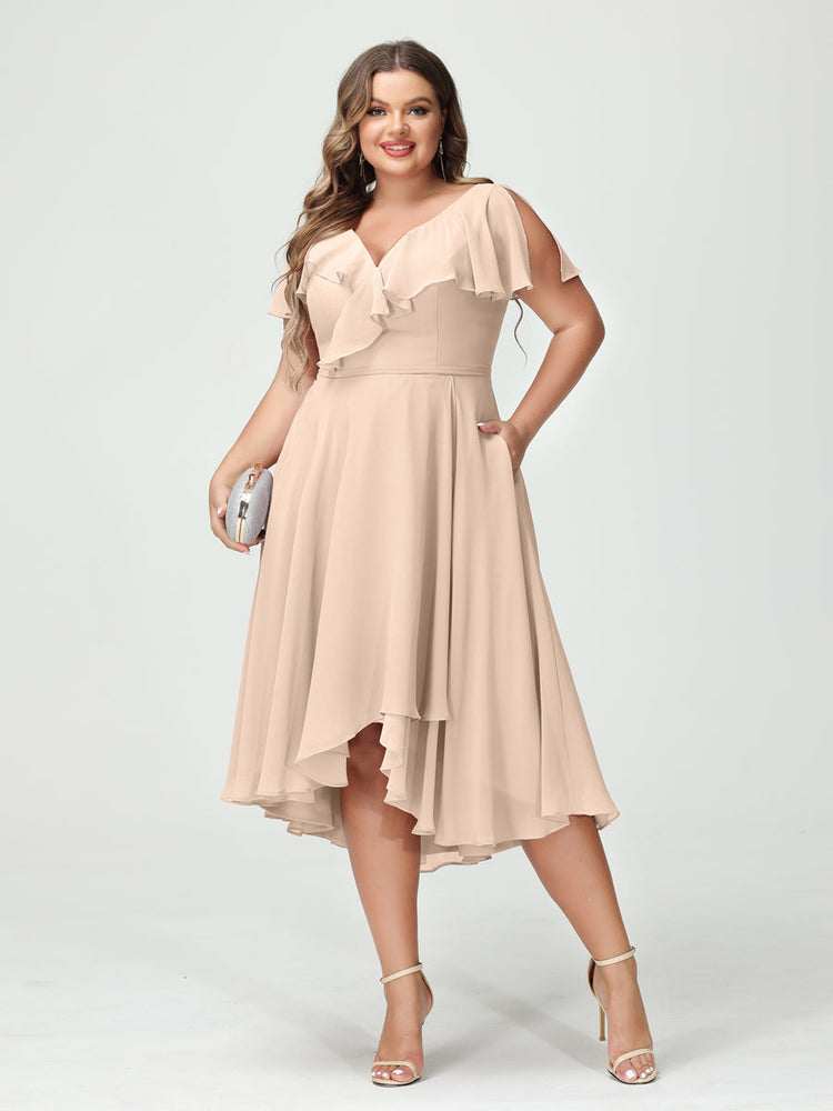 A-Line/Princess V-Neck Short Sleeves Chiffon Plus Size Bridesmaid Dresses with Pockets