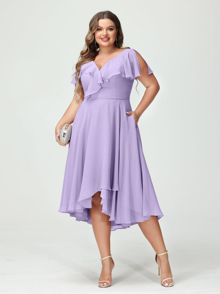 A-Line/Princess V-Neck Short Sleeves Chiffon Ruffles Plus Size Bridesmaid Dresses With Pockets