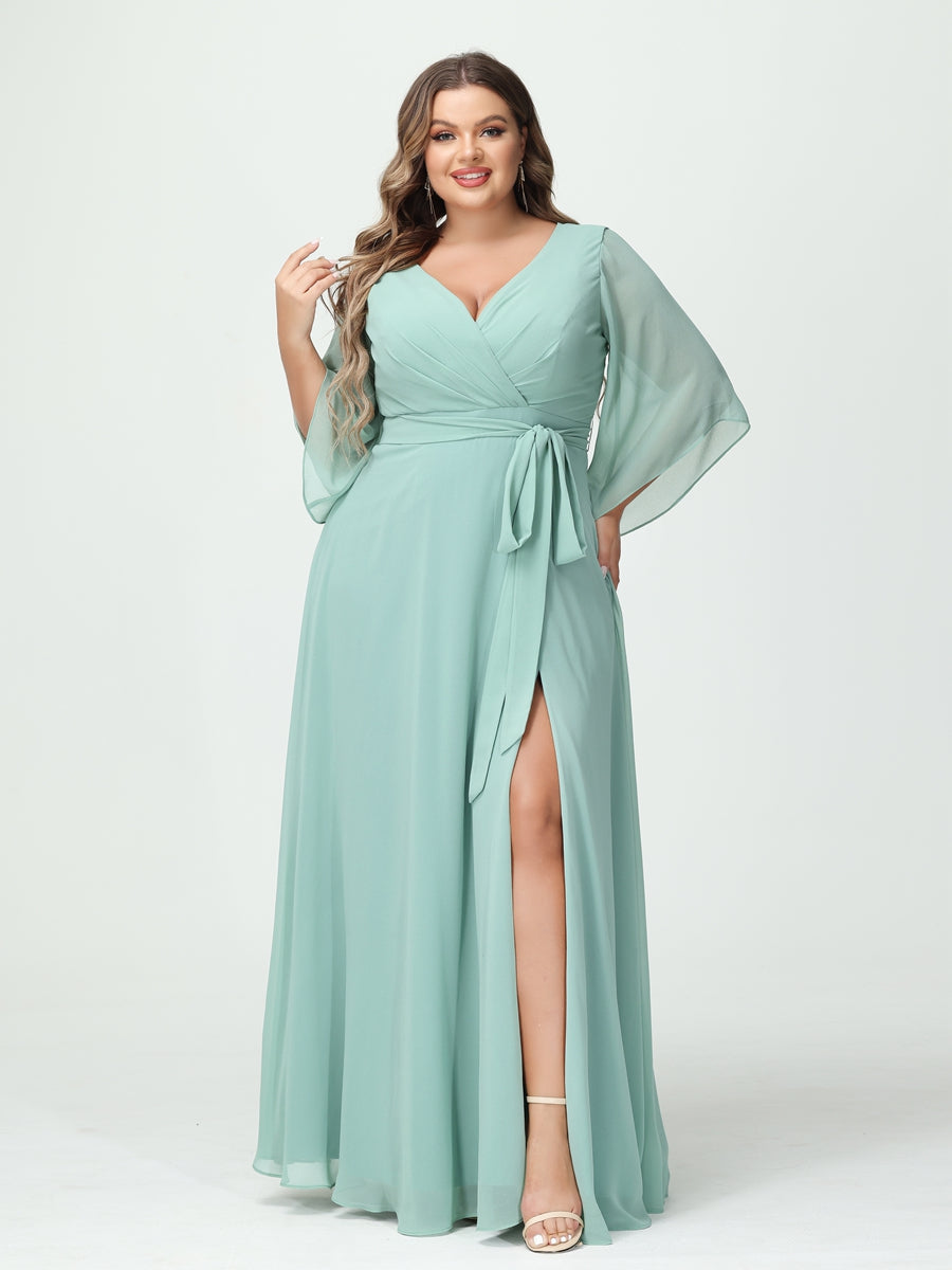 A-Line/Princess V-Neck Long Sleeves Chiffon Split Side Plus Size Bridesmaid Dresses With Pockets Belt