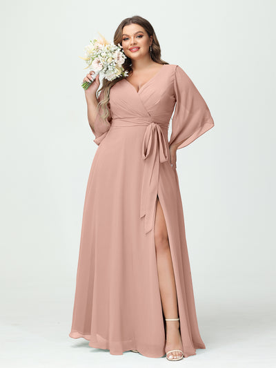 A-Line/Princess V-Neck Long Sleeves Chiffon Split Side Plus Size Bridesmaid Dresses With Pockets Belt