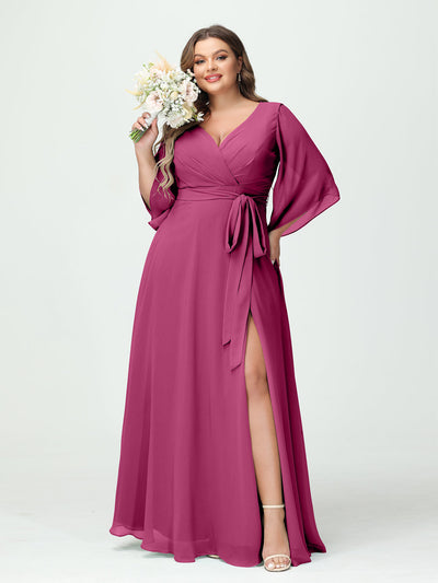 A-Line/Princess V-Neck Long Sleeves Chiffon Split Side Plus Size Bridesmaid Dresses With Pockets Belt