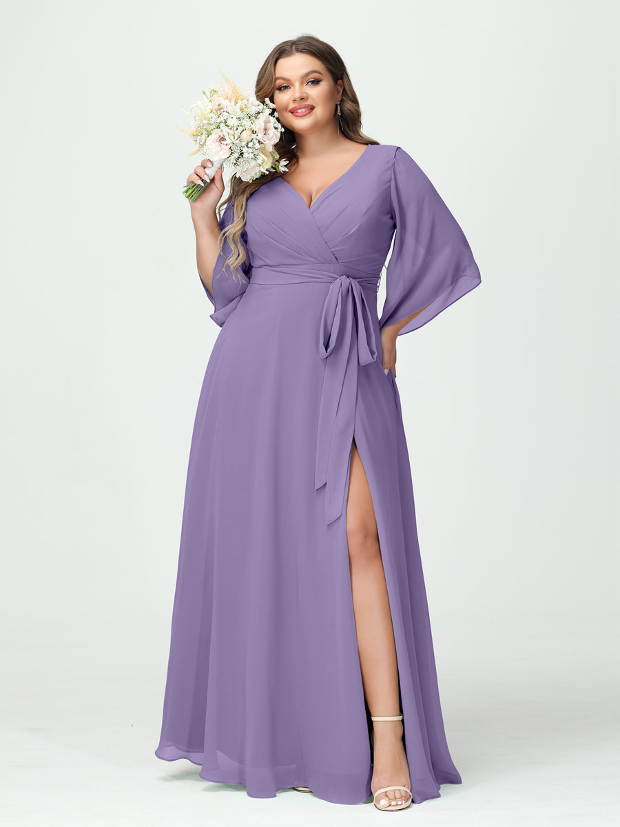 A-Line/Princess V-Neck Long Sleeves Chiffon Split Side Plus Size Bridesmaid Dresses With Pockets Belt