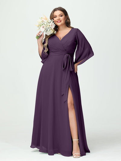 A-Line/Princess V-Neck Long Sleeves Chiffon Split Side Plus Size Bridesmaid Dresses With Pockets Belt