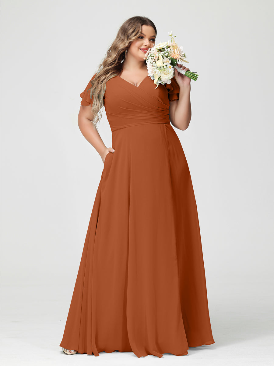 A-Line/Princess V-Neck Short Sleeves Chiffon Split Side Plus Size Bridesmaid Dresses with Pockets