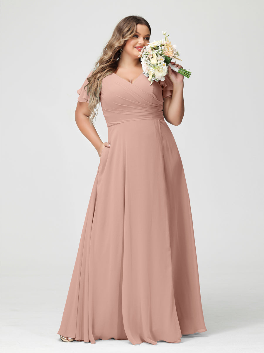 A-Line/Princess V-Neck Short Sleeves Chiffon Split Side Plus Size Bridesmaid Dresses with Pockets