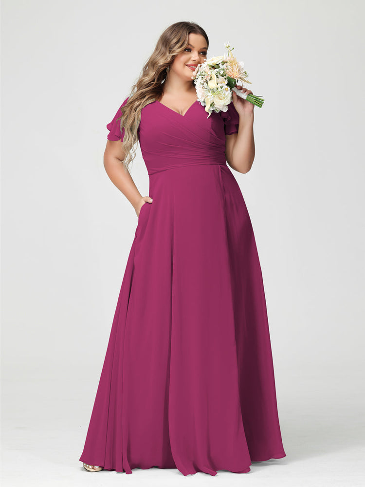 A-Line/Princess V-Neck Sleeveless Floor-Length Plus Size Bridesmaid Dresses with Bowknot main image 1