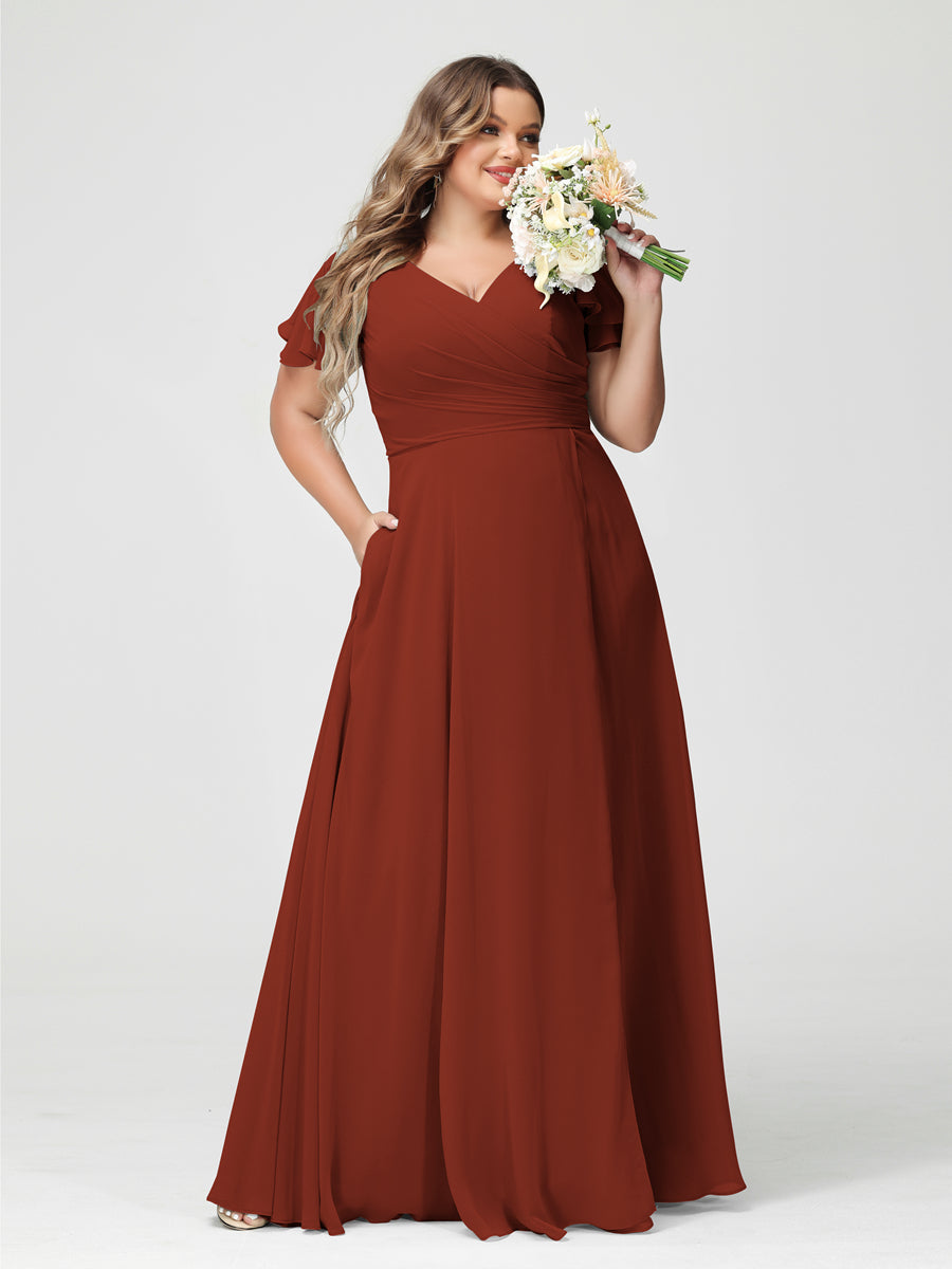 A-Line/Princess V-Neck Short Sleeves Chiffon Split Side Plus Size Bridesmaid Dresses with Pockets