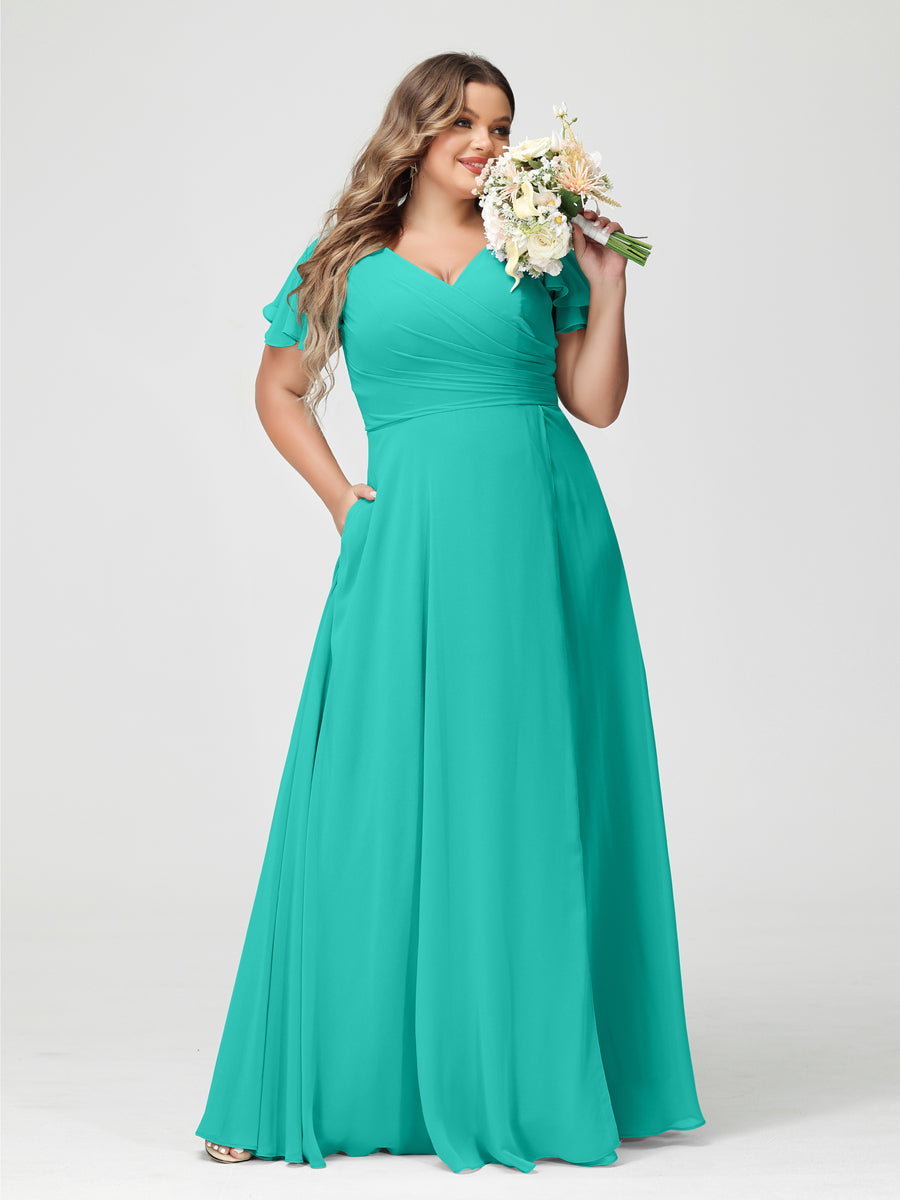 A-Line/Princess V-Neck Short Sleeves Chiffon Split Side Plus Size Bridesmaid Dresses with Pockets