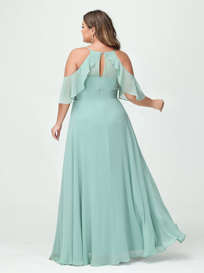 A-Line/Princess Spaghetti Straps Short Sleeves Chiffon Ruched Split Side Plus Size Bridesmaid Dresses with Pockets