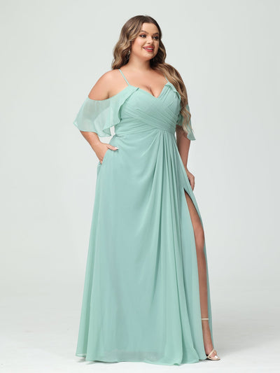 A-Line/Princess Spaghetti Straps Short Sleeves Chiffon Ruched Split Side Plus Size Bridesmaid Dresses with Pockets