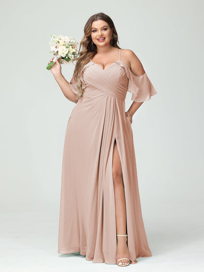 A-Line/Princess Spaghetti Straps Short Sleeves Chiffon Ruched Split Side Plus Size Bridesmaid Dresses with Pockets