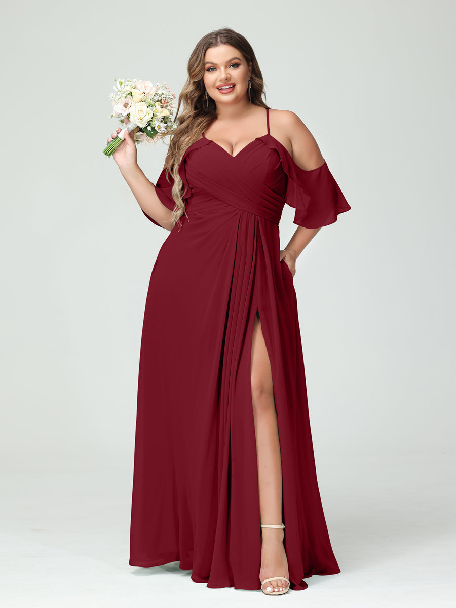 A-Line/Princess Spaghetti Straps Short Sleeves Chiffon Ruched Split Side Plus Size Bridesmaid Dresses with Pockets
