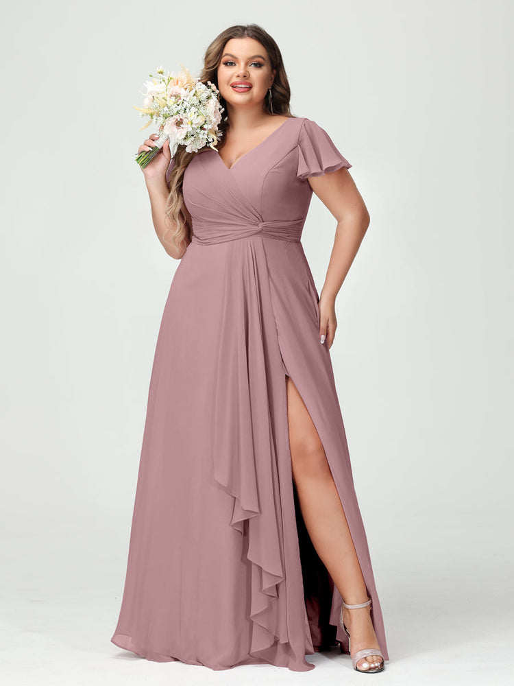 A-Line/Princess Spaghetti Straps Split Side Plus Size Bridesmaid Dresses With Ruffles main image 1