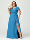 A-Line/Princess V-Neck Short Sleeves Chiffon Ruffles Split Side Plus Size Bridesmaid Dresses with Pockets
