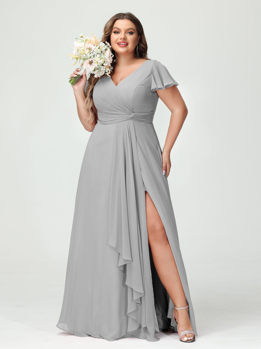A-Line/Princess V-Neck Short Sleeves Chiffon Ruffles Split Side Plus Size Bridesmaid Dresses with Pockets