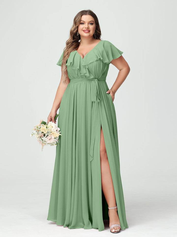A-Line/Princess V-Neck Short Sleeves Chiffon Ruffles Plus Size Bridesmaid Dresses With Pockets