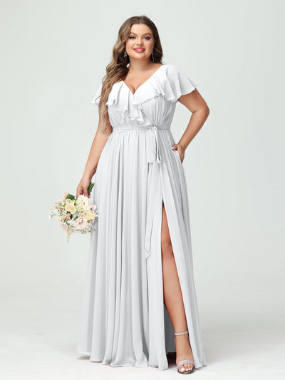 A-Line/Princess V-Neck Short Sleeves Chiffon Ruffles Plus Size Bridesmaid Dresses With Pockets