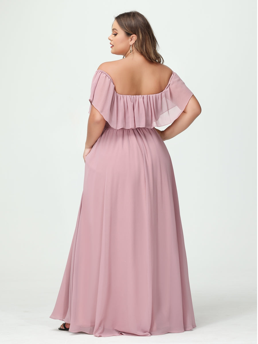 A-Line/Princess Off-the-Shoulder Short Sleeves Chiffon Split Side Plus Size Bridesmaid Dresses with Pockets