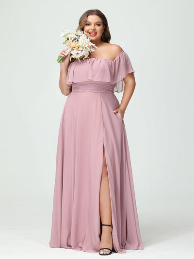 A-Line/Princess Off-the-Shoulder Short Sleeves Chiffon Split Side Plus Size Bridesmaid Dresses with Pockets