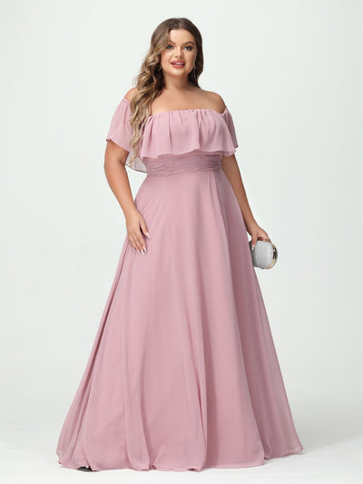 A-Line/Princess Off-the-Shoulder Short Sleeves Chiffon Split Side Plus Size Bridesmaid Dresses with Pockets