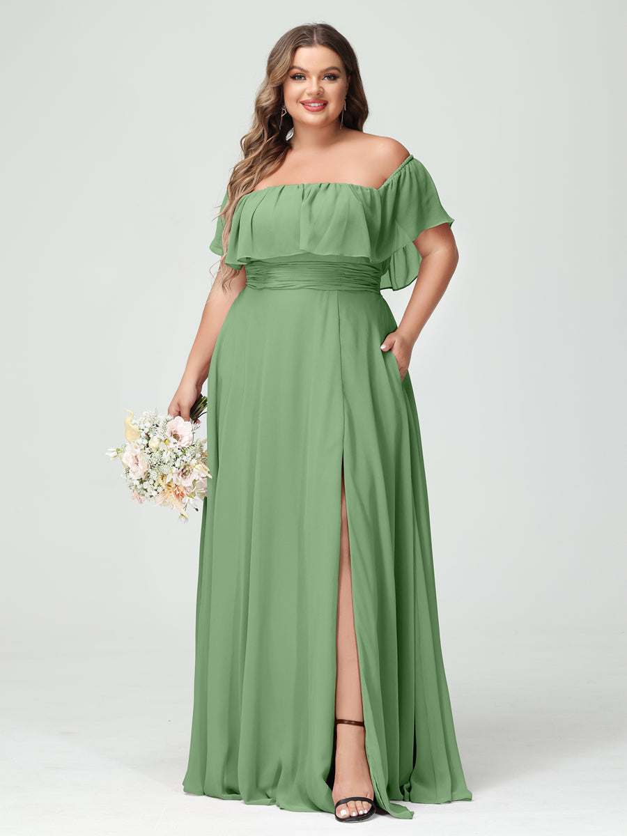A-Line/Princess One-Shoulder Long Bridesmaid Plus Size Dresses with Split Side