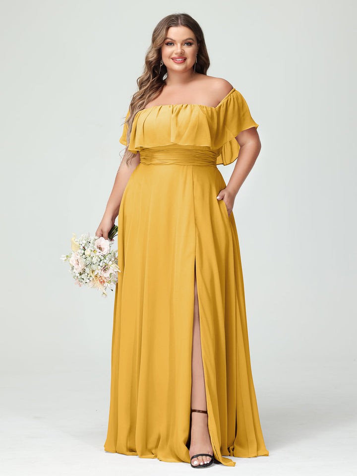 A-Line/Princess Off-the-Shoulder Short Sleeves Chiffon Split Side Plus Size Bridesmaid Dresses with Pockets