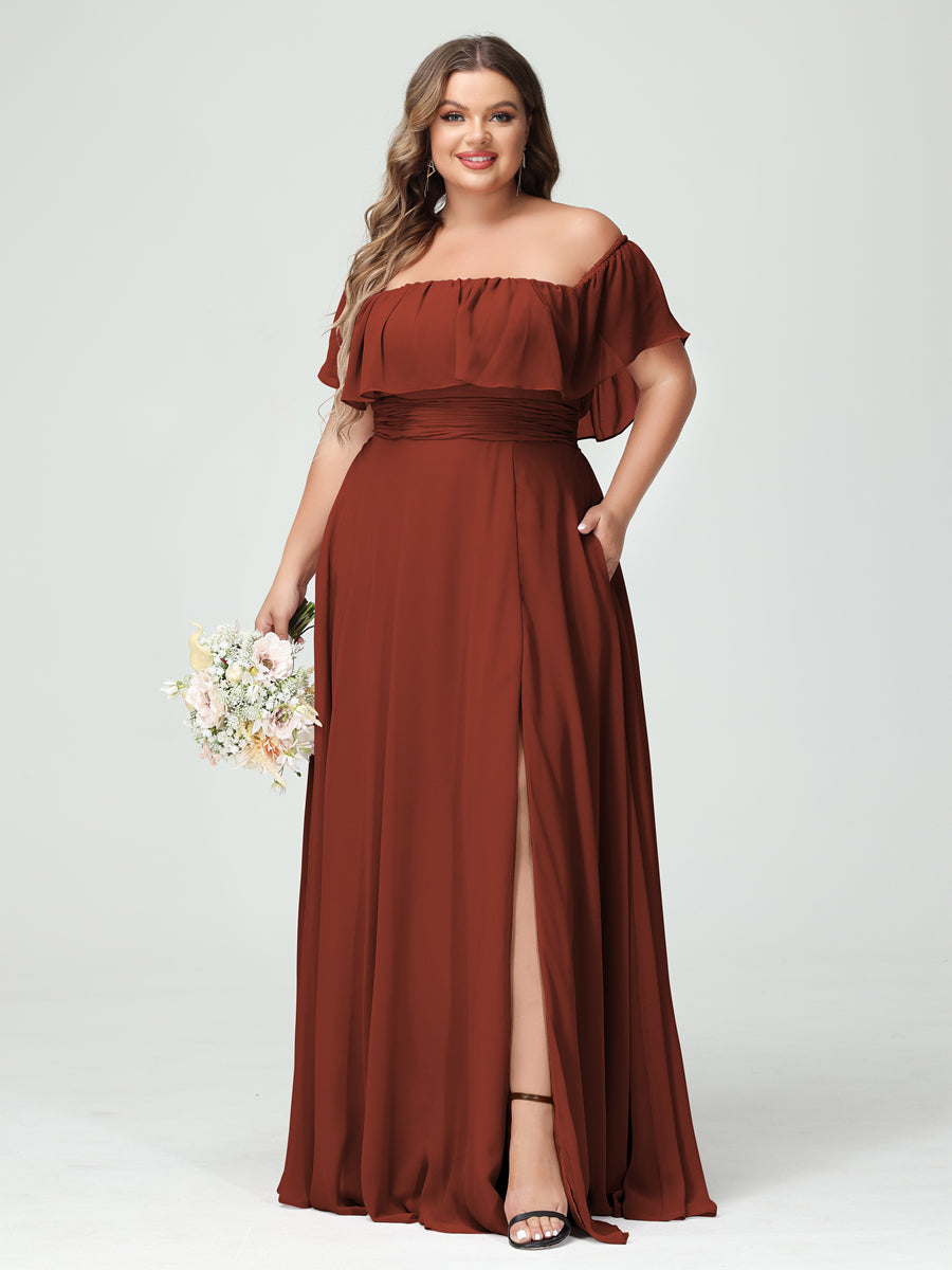 A-Line/Princess V-Neck Short Sleeves Chiffon Split Side Plus Size Bridesmaid Dresses with Pockets Belt