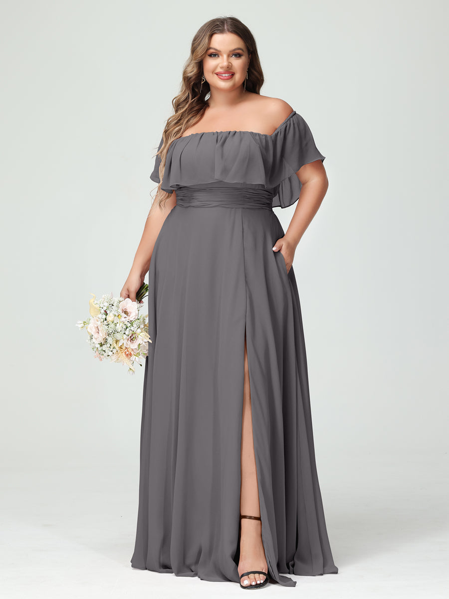 A-Line/Princess Off-the-Shoulder Short Sleeves Chiffon Split Side Plus Size Bridesmaid Dresses with Pockets