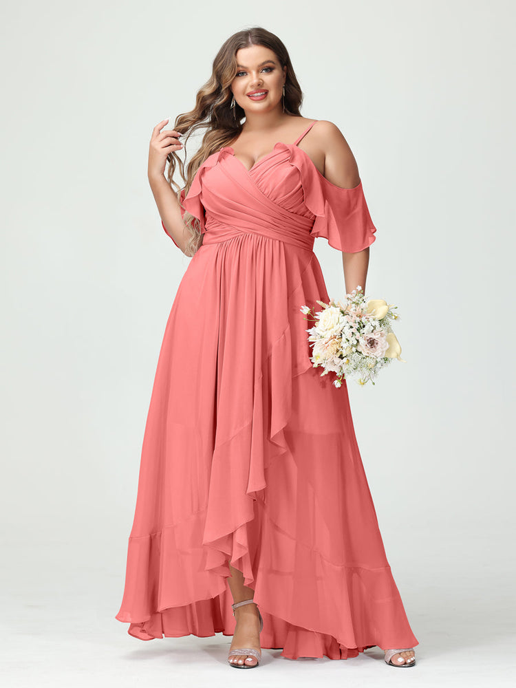 A-Line/Princess Spaghetti Straps Sleeveless Floor-Length Chiffon Bridesmaid Dresses with Pleated