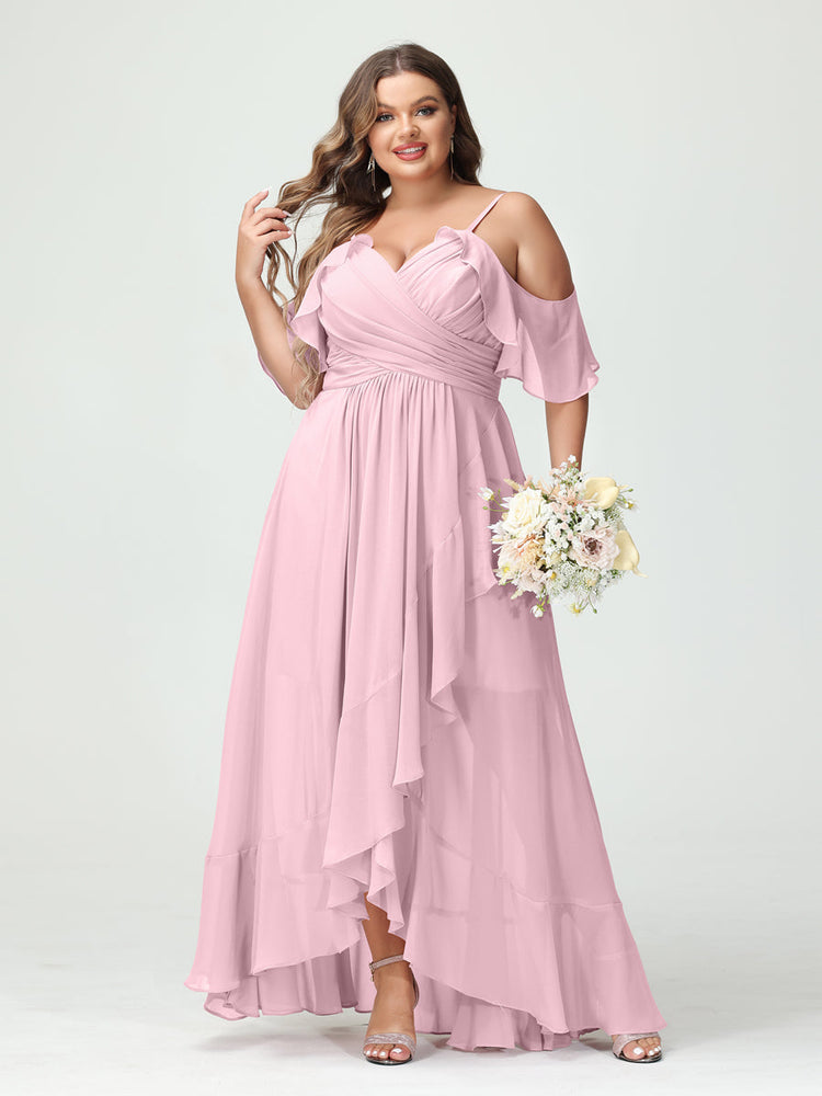 A-Line/Princess Spaghetti Straps Sleeveless Knee-Length Plus Size Bridesmaid Dresses with Ruffles main image 1